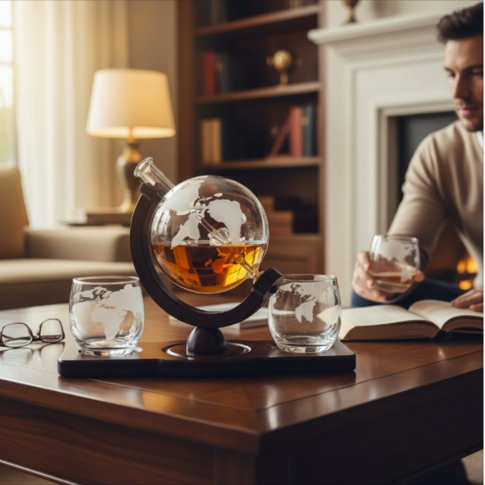 WHISKEY DECANTER SET -- Antique Ship-In-A-Bottle, 2 Glasses, Wooden Frame